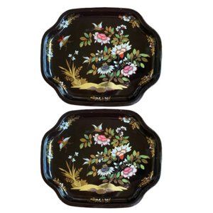 Vintage Collectible Elite Black Metal Trays Floral Set - Oriental Design